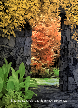 Faux color infrared of stone archway at Lewis Ginter Botanical Gardens, Richmond, Virginia
